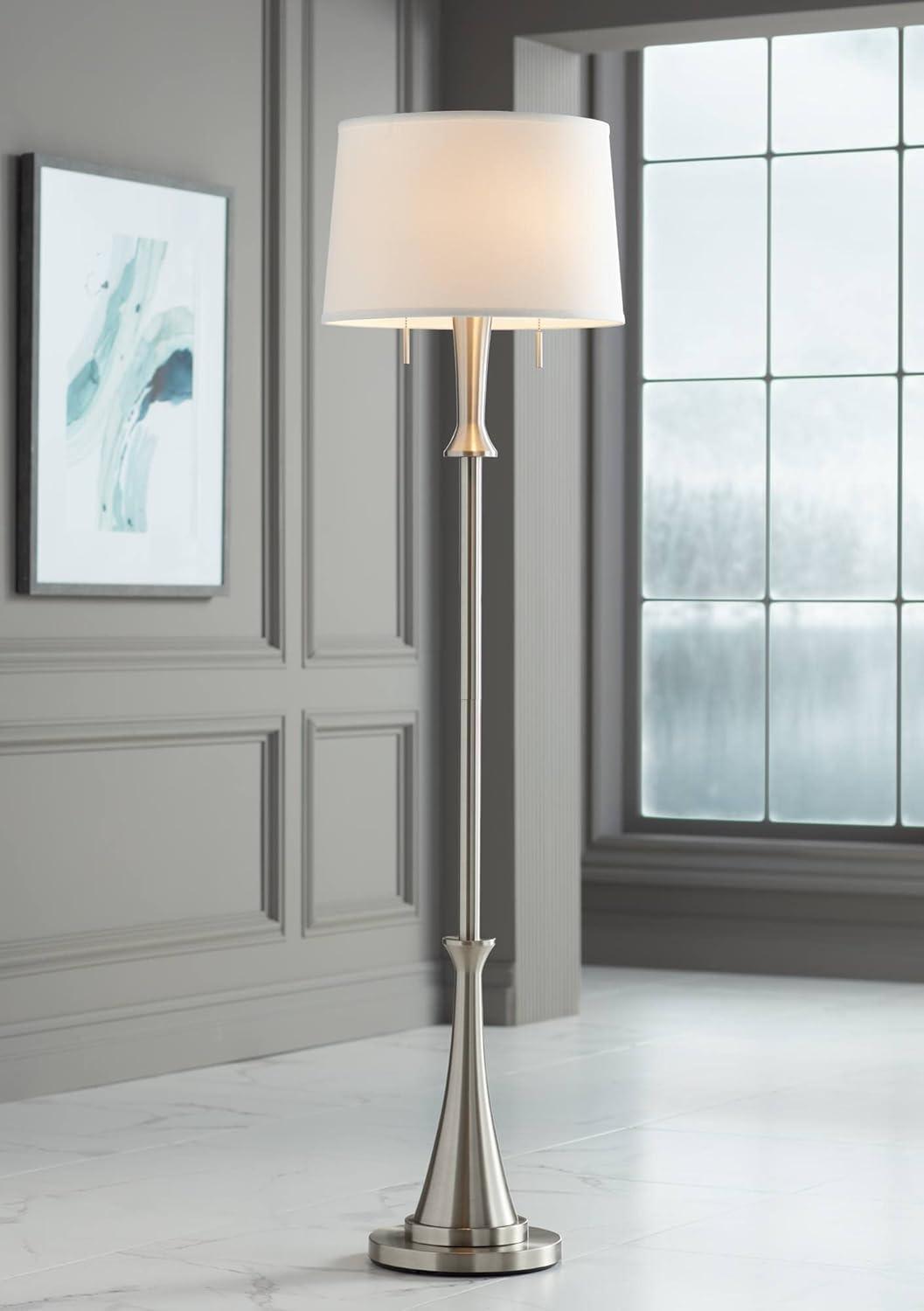 360 Lighting Karl Modern Floor Lamp Standing 63 3/4" Tall Brushed Nickel Metal White Tapered Drum Shade for Living Room House Bedroom Office Family