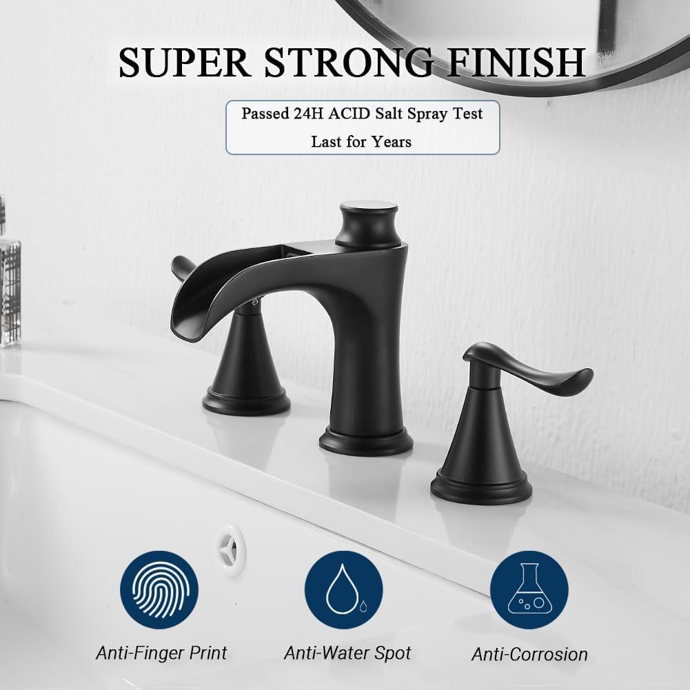 Bathroom Faucet 3 Hole Black, 8 inch Widespread Bathroom Faucet Waterfall Face Basin Faucet for Bathroom Sink, Matte Black (A.Matte Black)