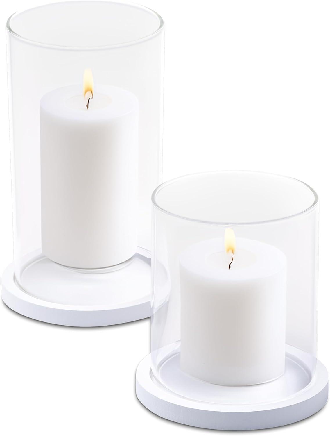 White Glass Hurricane Candle Holders with Wooden Base, Set of 2