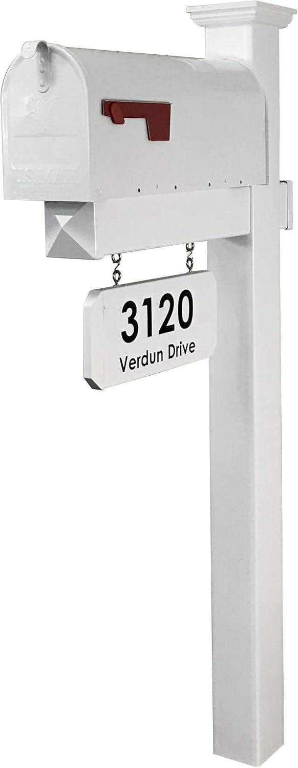 The Harrison Mailbox System with White Vinyl Post Combo, Stand, and Black Mailbox Included