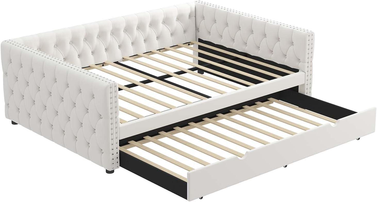 KNeretva Velvet Full Daybed with Twin Trundle, Modern Upholstered Full Size Day Bed Button-Tufted Sofa Daybed Frame (Black)