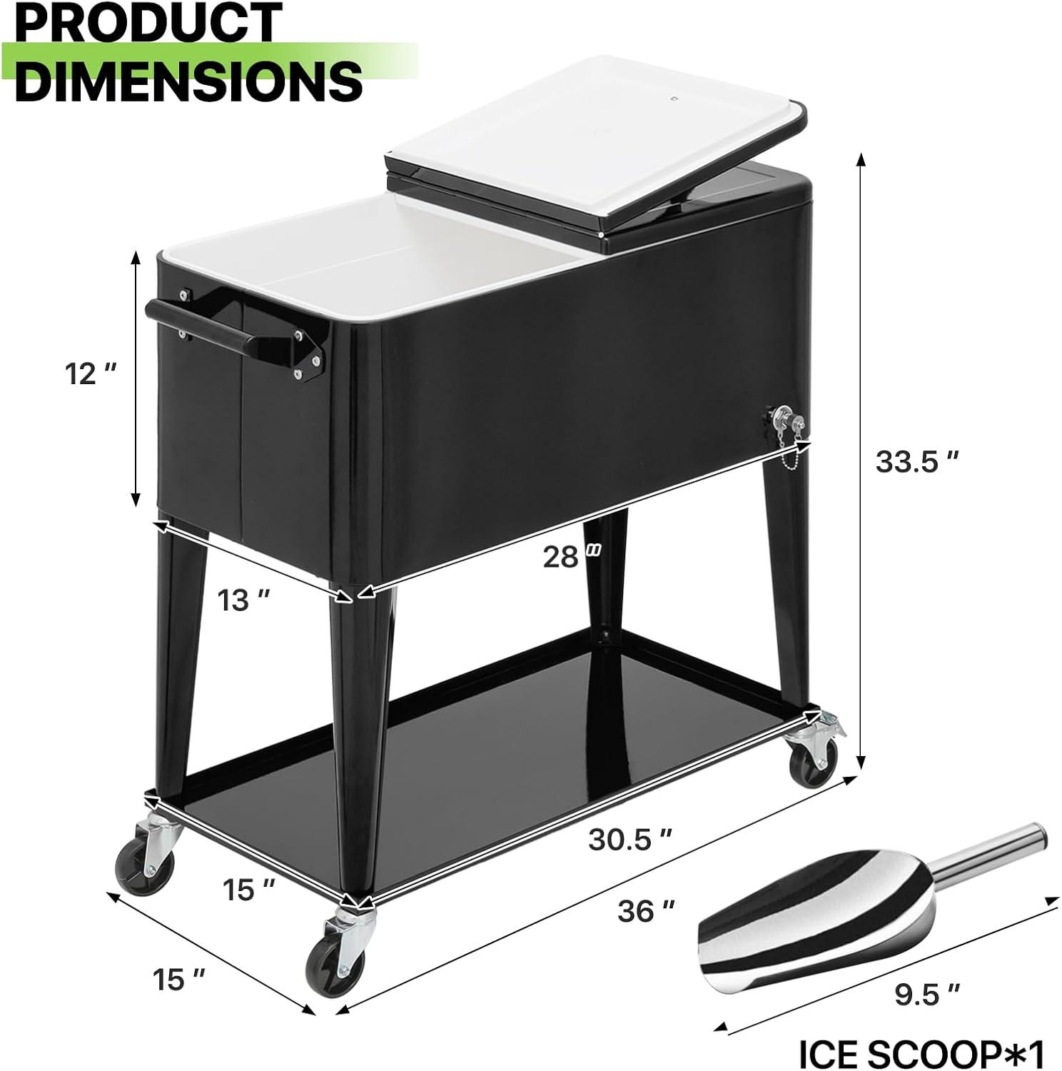 Bring Home Furniture Outdoor 80 Qt Rolling Cooler Cart, with Bottle Opener + Storage Shelf Camping Beverage Ice Chest