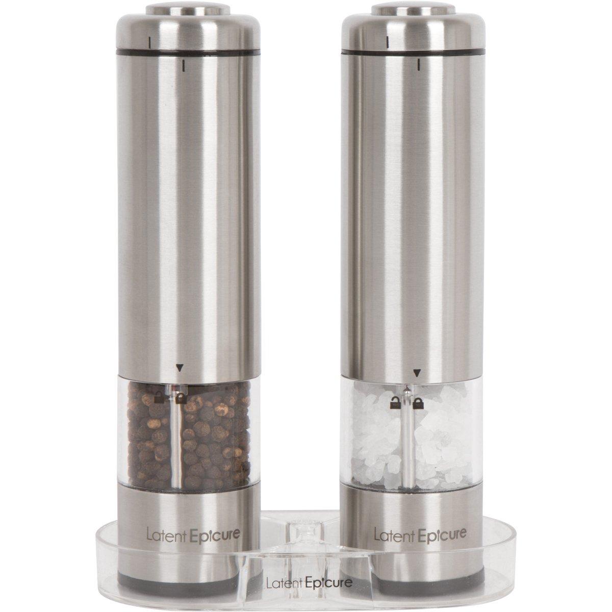 Electric Salt and Pepper Grinder Set - Battery Operated, Stainless Steel Shakers with Adjustable Fine & Coarseness, One Handed Operation, LED Light & Complimentary Mill Rest Tray