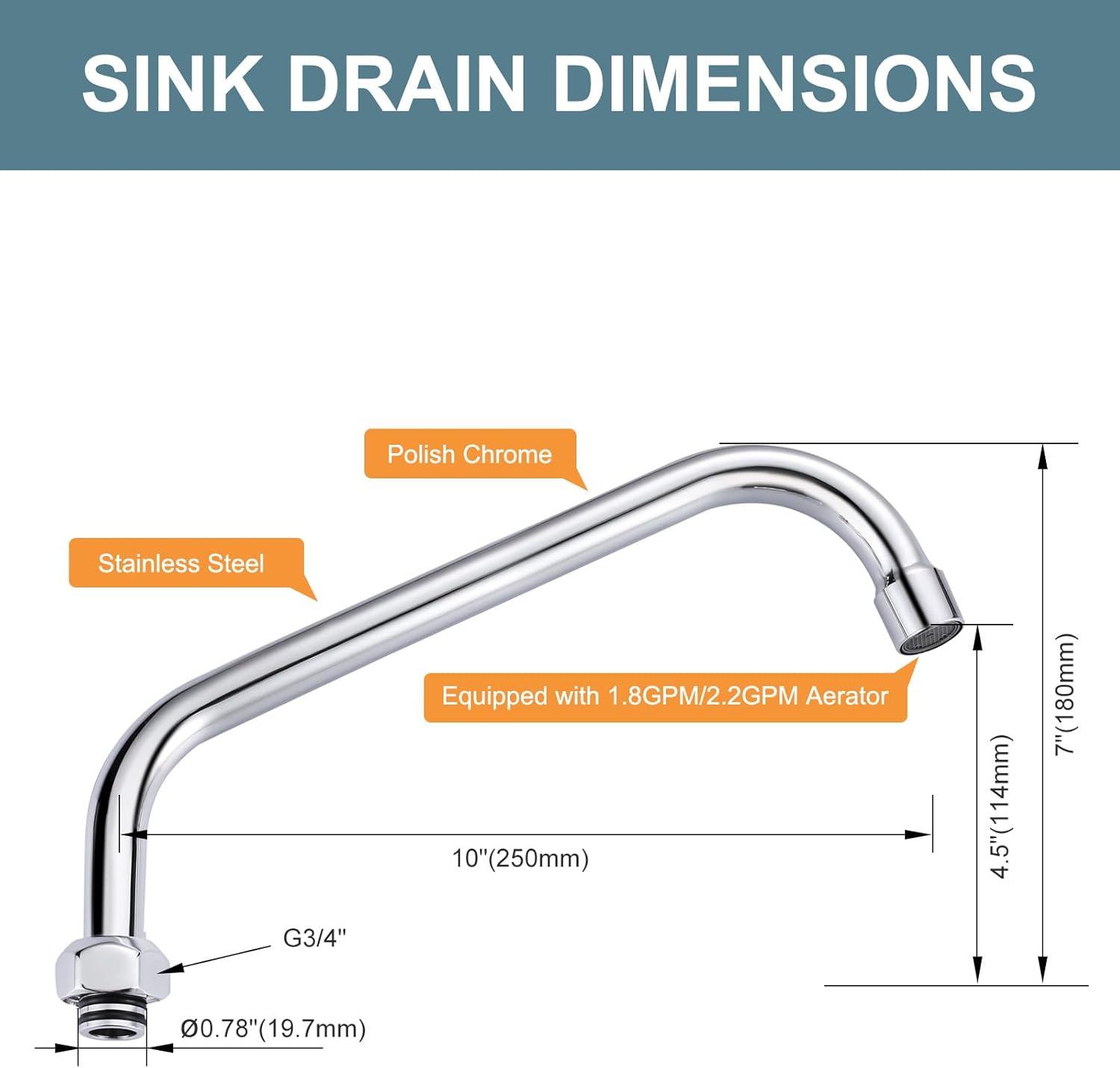 Commercial Faucet Swivel Spout Replacement: 10“ Add-on Swing Nozzle Spout - Chrome Polished Spout Replacement Part For Commercial Kitchen Sink Faucet - 1.8gpm/ 2.2gpm Aerator - G3/4 Internal Thread