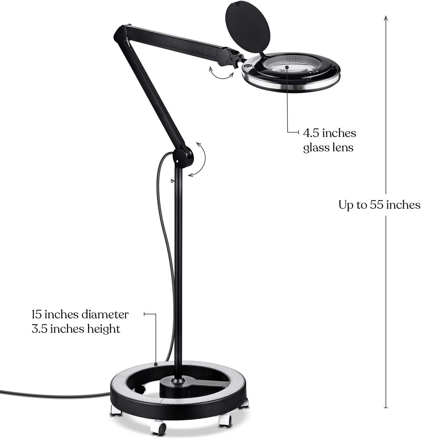 Brightech Lightview Pro 55 in. Black Industrial 1-Light 3-Way Dimming and Color Adjustable 1.75X Magnifying LED Rolling Floor Lamp