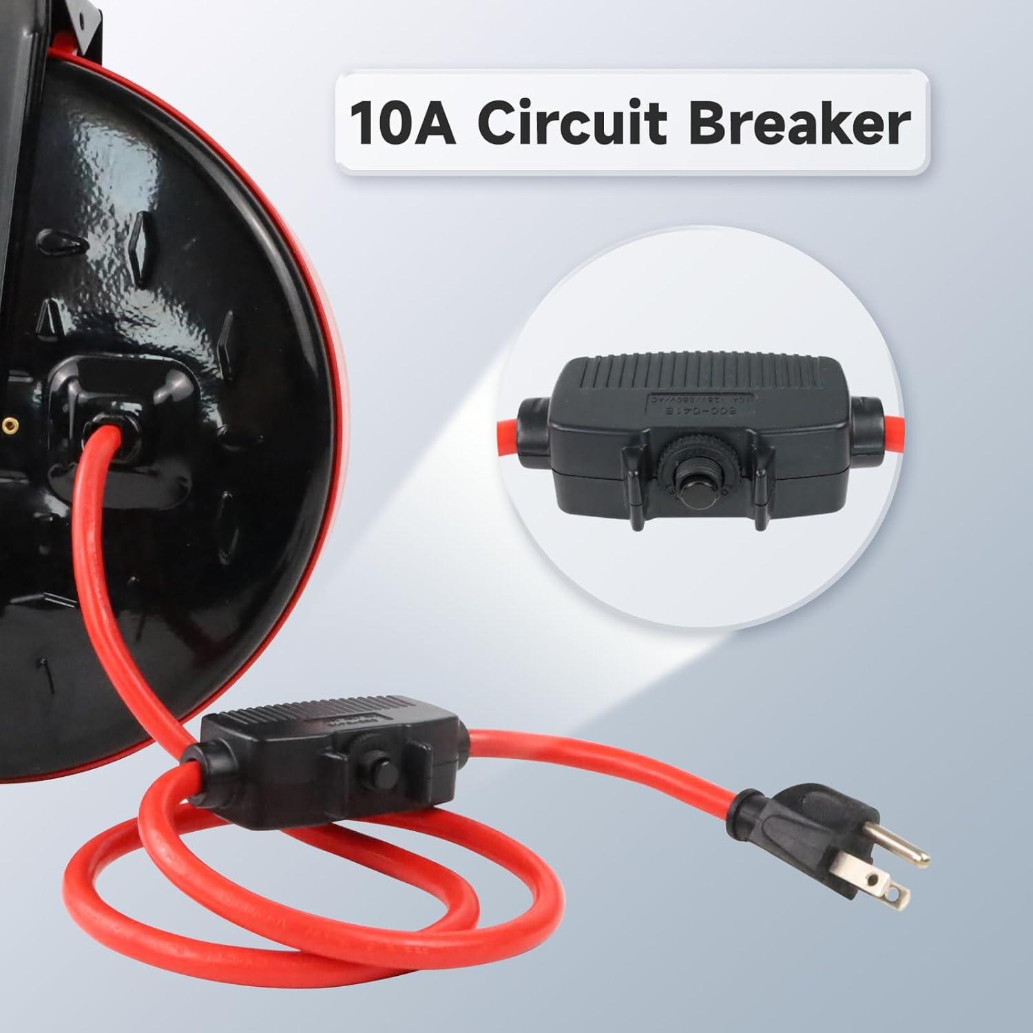 EP 30 Ft Retractable Extension Cord Reel, 16/3 SJTW Power Cord with 3 Electrical Outlets, Ceiling or Wall Mount, 10 Amp Circuit Breaker, Metal Plate, UL Listed, Red