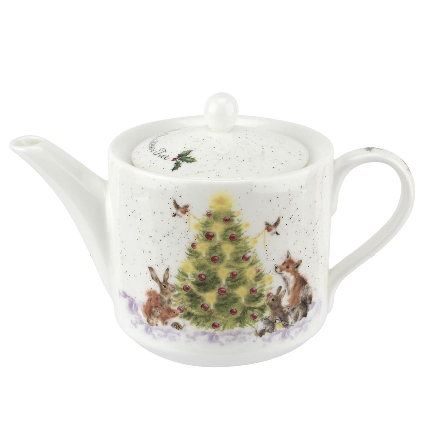 Spode Royal Worcester Oh Christmas Tree 16 Oz Teapot - Fine Bone China Tea Pot - Hand-Painted Woodland Critters, Dishwasher & Microwave Safe