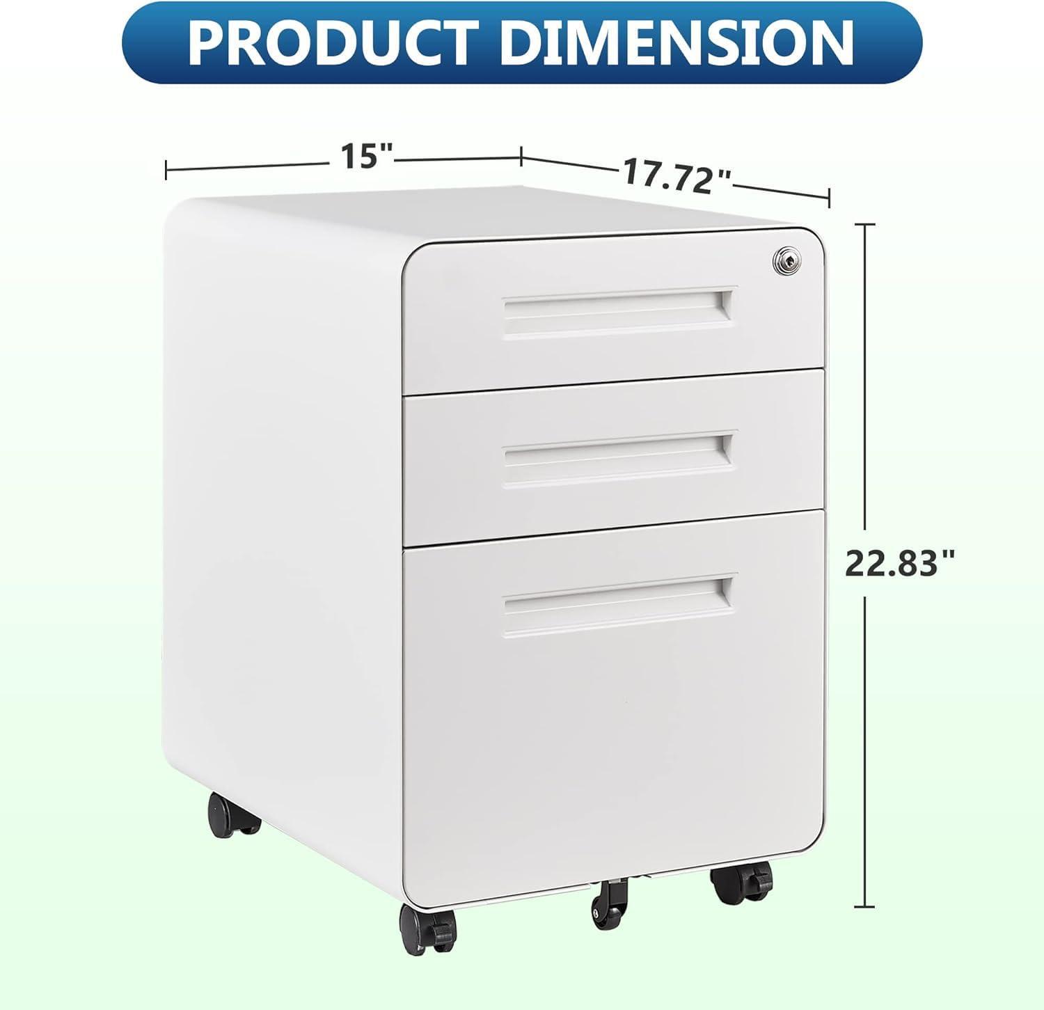 3 Drawer File Cabinet with Lock,Under Desk File Cabinet,White Rolling File Cabinet,Three Drawer Filing Cabinet for Home Office with Wheels,Fit A4/Letter/Legal File,Fully Assembled Except Casters