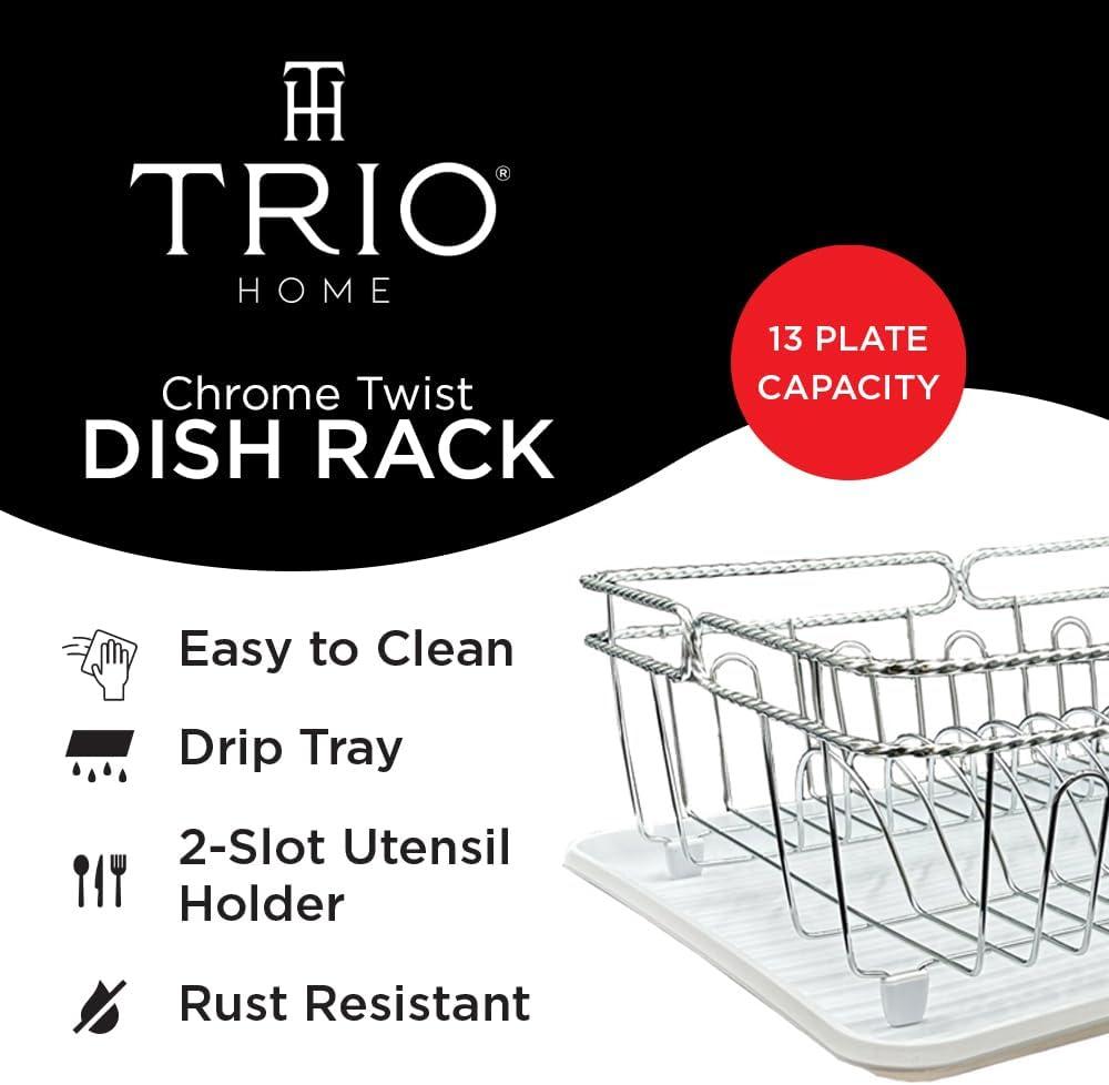 Trio Home Stainless Twist Design 3-Piece Dish Drying Drainer Rack, Removable Utensil Holder and Drainboard - Black/Black Twist