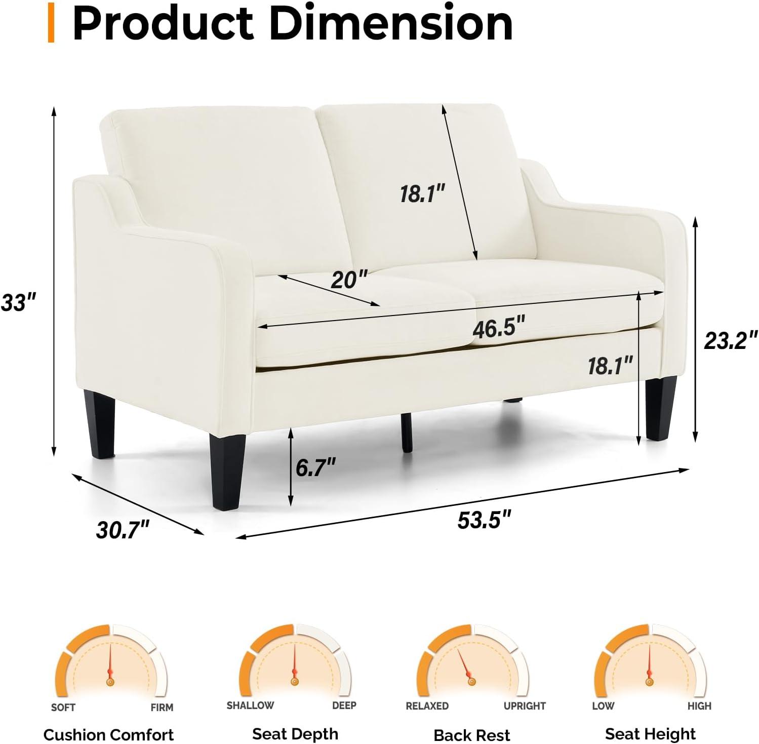 CHAUKY Loveseat Mid-Century Modern Loveseat Sofa Couch 53" Wide 2 Seater Sofa Couch Love Seat with Scooped Armrest for Small Spaces, Living Room, Dorm, Bedroom, Apartment (Creamy White)
