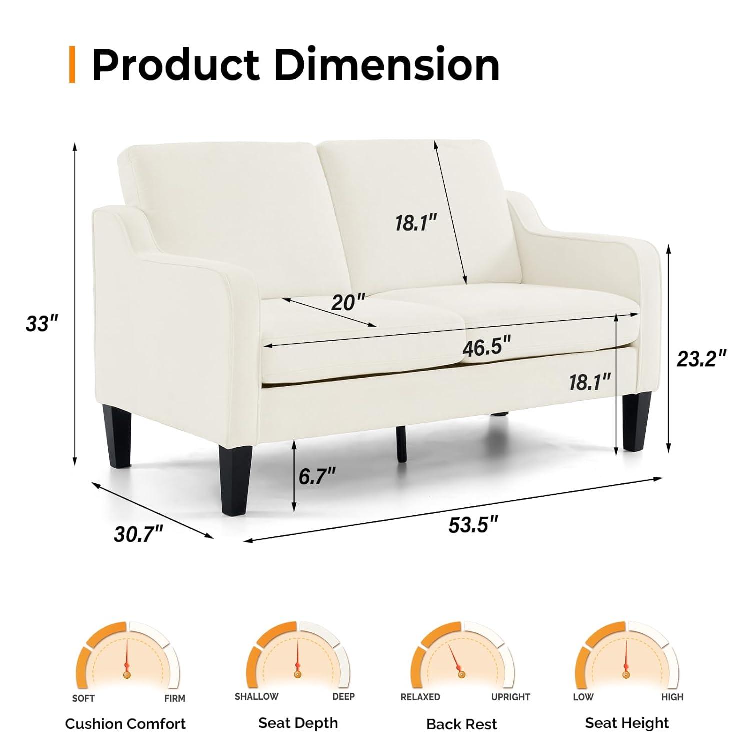 CHAUKY Loveseat Mid-Century Modern Loveseat Sofa Couch 53" Wide 2 Seater Sofa Couch Love Seat with Scooped Armrest for Small Spaces, Living Room, Dorm, Bedroom, Apartment (Creamy White)