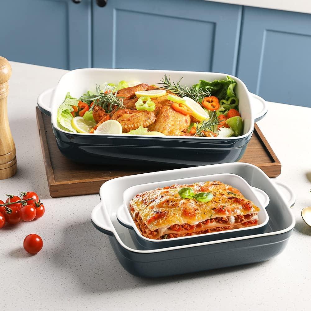 SWEEJAR Rectangular Ceramic Bakeware Set, Non-Stick Roasting Pan with Handles Baking Dishes,Casserole Pans for Cake Dinner, Set of 3 - Navy