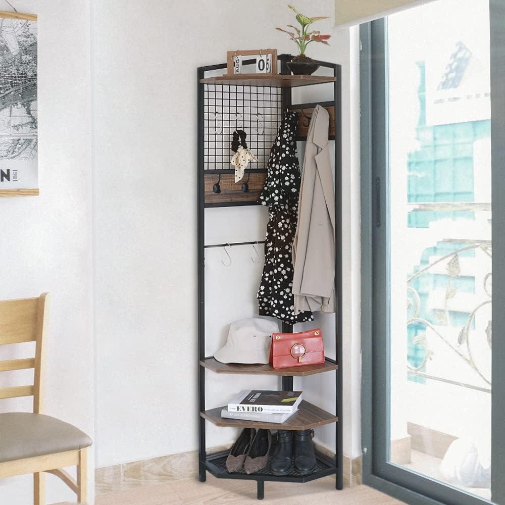 Brown Metal and MDF Corner Hall Tree with Coat and Shoe Rack