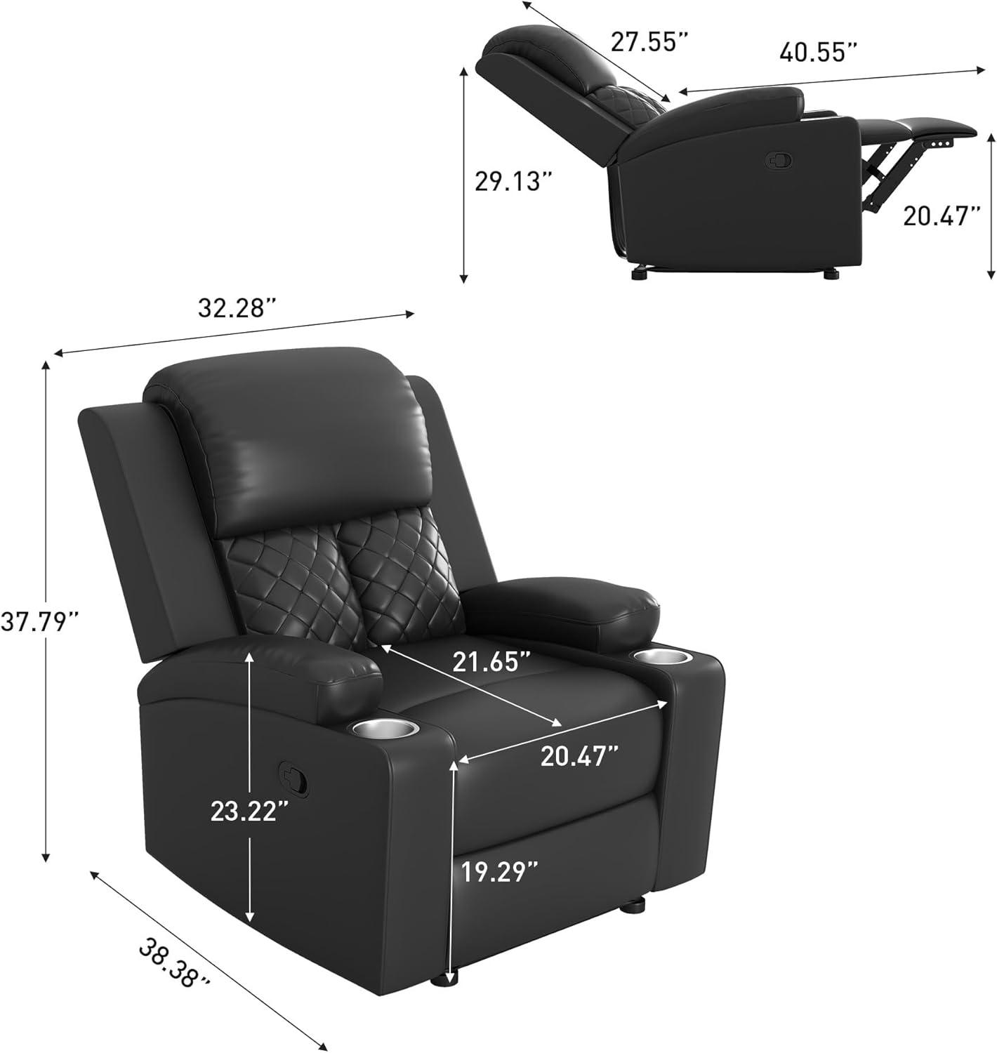 Bonzy Home Manual Recliner Chair for Adults, Comfortable Faux Leather Home Theater Seating with Overstuffed Backrest and Armrests, 2 Cup Holders, Black