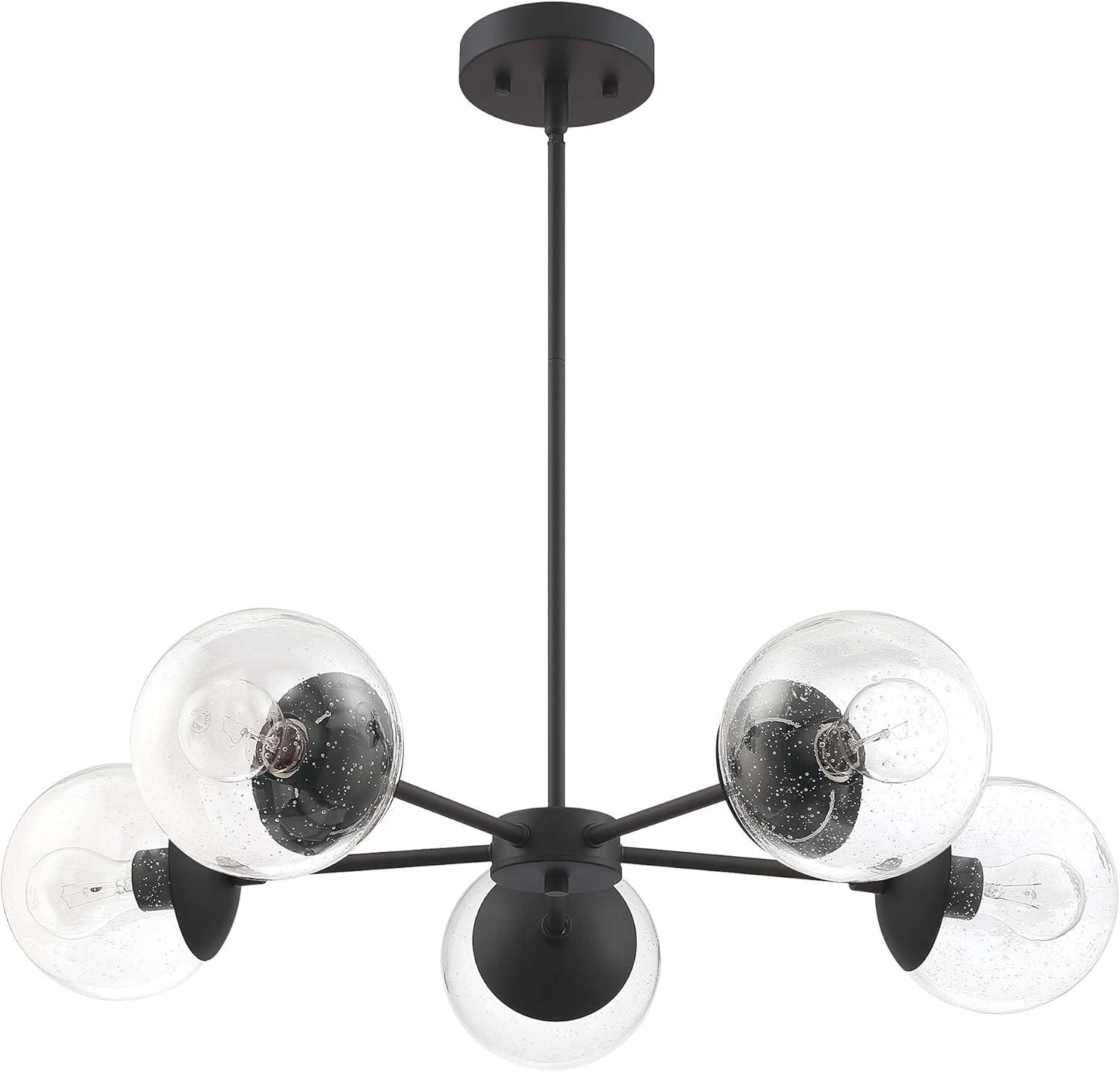 Matte Black 5-Light Chandelier with Seedy Glass Shades