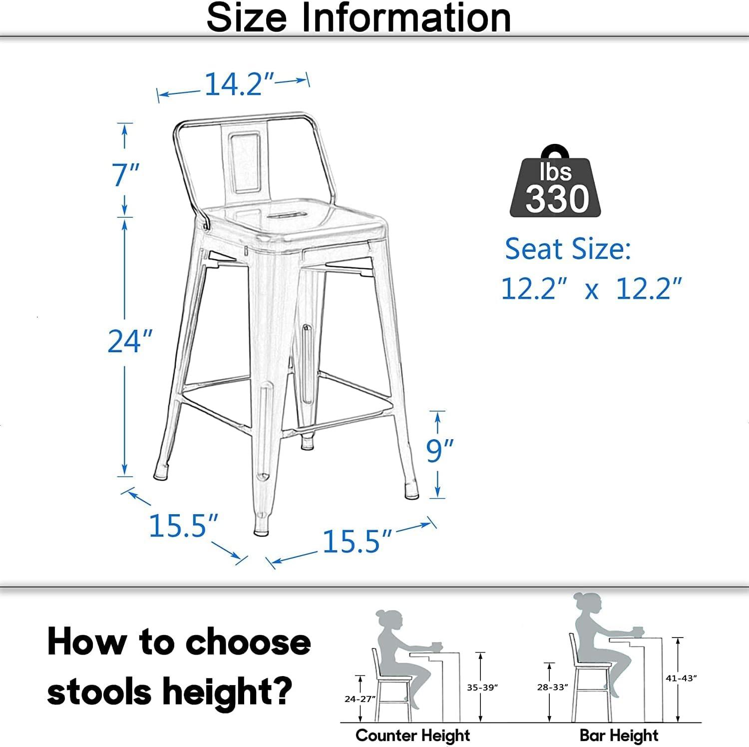 Andeworld 24" Bar Stools Set of 4,Counter Height Bar Stools with Larger Seat,Bar Stools with Back,Black Metal Bar Stools with Removable Back,Farmhouse Bar Stools,High Back Kitchen Bar Stools Chair