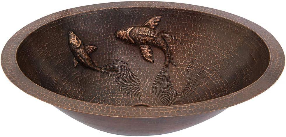 19" Oval Under Counter Hammered Copper Bathroom Sink with Koi Fish Design