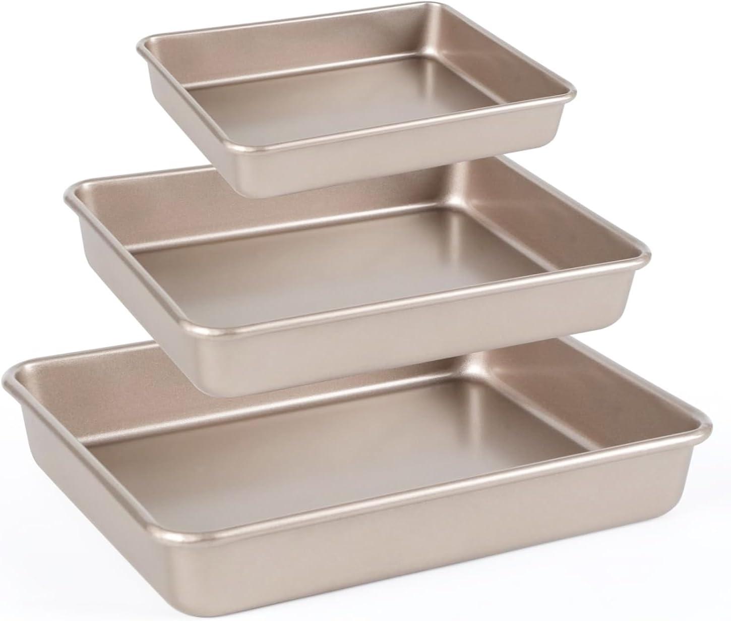 3-Pack Nonstick Bakeware Set, Baking Cookie Sheets, Heavy Duty Rectangular Deep-Dish Cake Pan for Oven (Gold)