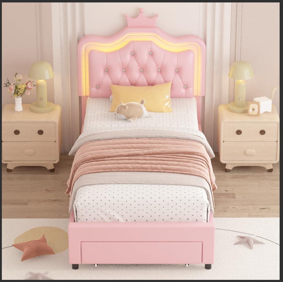 Homfa Twin Size LED Upholstered Bed with Adjustable Crystal Button Tufted Crown Headboard, Soft PU Princess Platform Bed with Storage Drawer, Pink