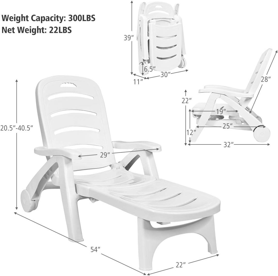 Costway Adjustable Folding Patio Chaise Deck Chair Lounger 5 Position Recliner w/ Wheels