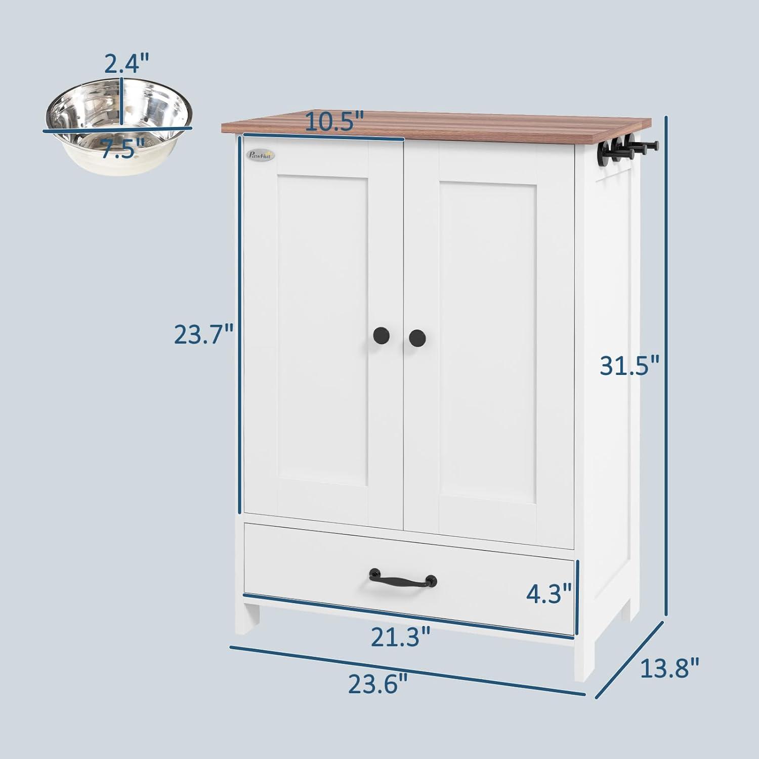 Awevsco Dog Feeding Station, Dog Food Storage Cabinet With Hidden Dog Bowls, Adjustable Panel, Hooks, For Medium Sized Dogs, White