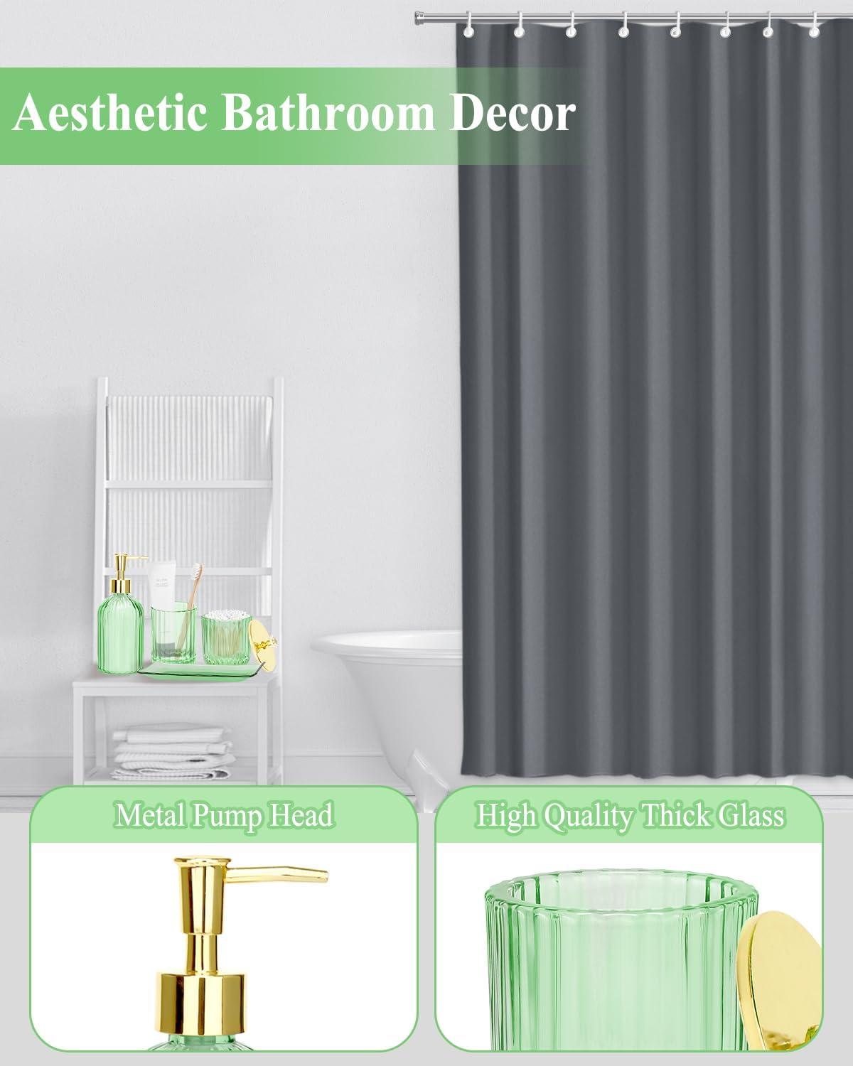 Green Glass Bathroom Accessory Set with Gold Accents