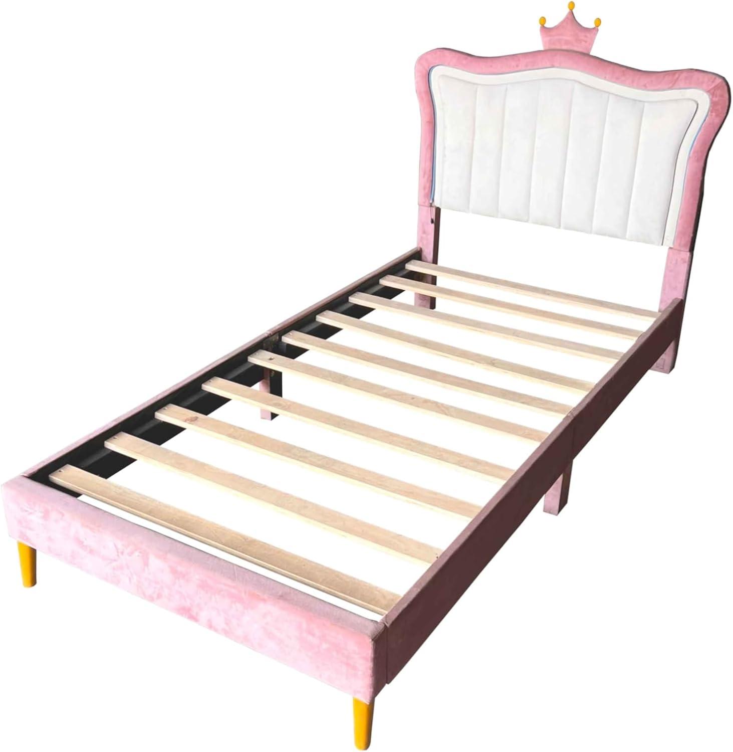 DreamBuck Full Size Upholstered Bed Frame with LED Lights, Upholstered Princess Bed with Crown Headboard and Wooden Slats Support, Modern Platform Bed for Kids, Teens, Girls, No Box Spring Needed