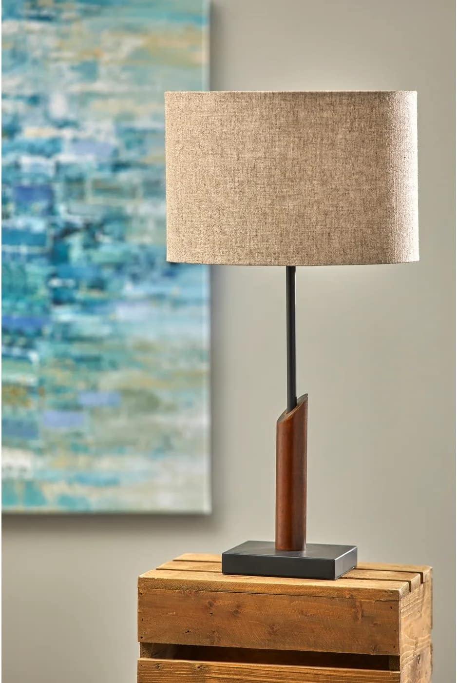 Walnut & Black Metal Mid-Century Desk Lamp with Textured Shade