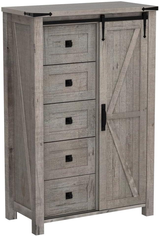 Farmhouse 5 Chest of Drawers, Tall Drawers Dresser with Sliding Barn Door