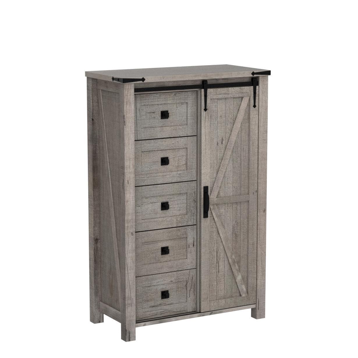 Farmhouse 5 Chest of Drawers, Tall Drawers Dresser with Sliding Barn Door