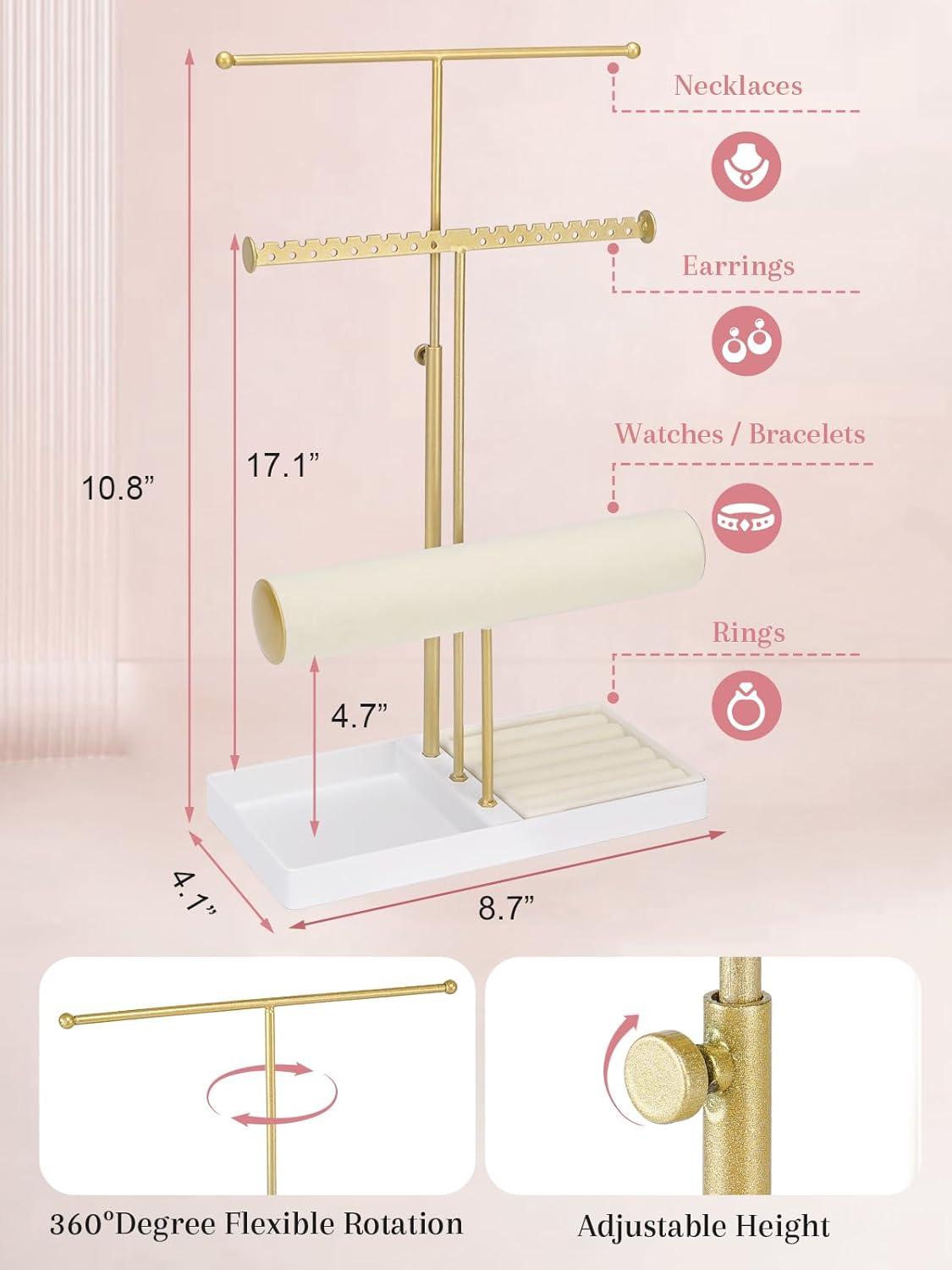 Jenseits Jewelry Organizer Stand Necklace Holder Organizer, 3-Tier Earrings Organizer w/Bracelet Storage Display & Velvet Ring Tray, Cute Metal Aesthetic Jewelry Tower Rack for Women Girls - Gold C47