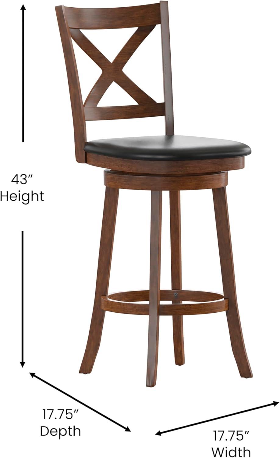 Merrick Lane 30" Gray Wash Walnut Classic Wooden Crossback Swivel Bar Height Pub Stool with Black Faux Leather Padded Seat and Integrated Footrest