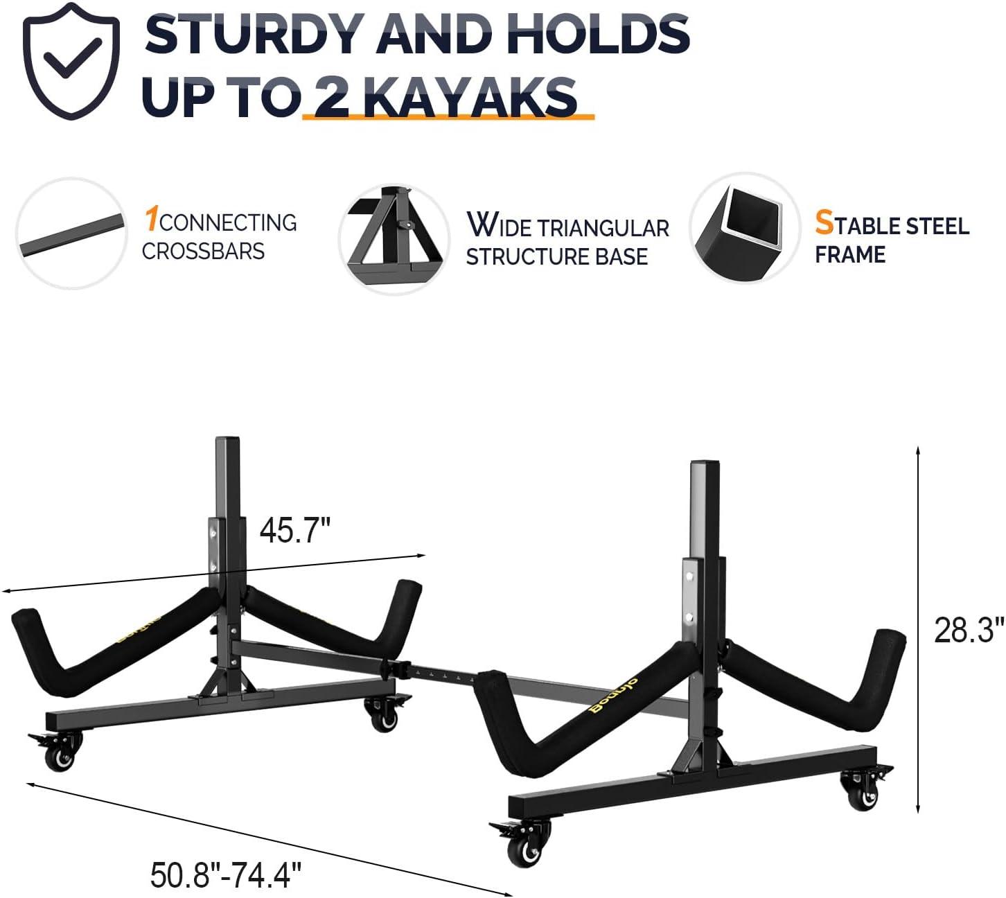 Bonnlo Kayak Stand Freestanding Storage Rack for Kayak Canoe Boat Paddle Board SUP Surfboard for Indoor Outdoor Garage, Shed, Dock with Lockable Wheels Wide Adjustable