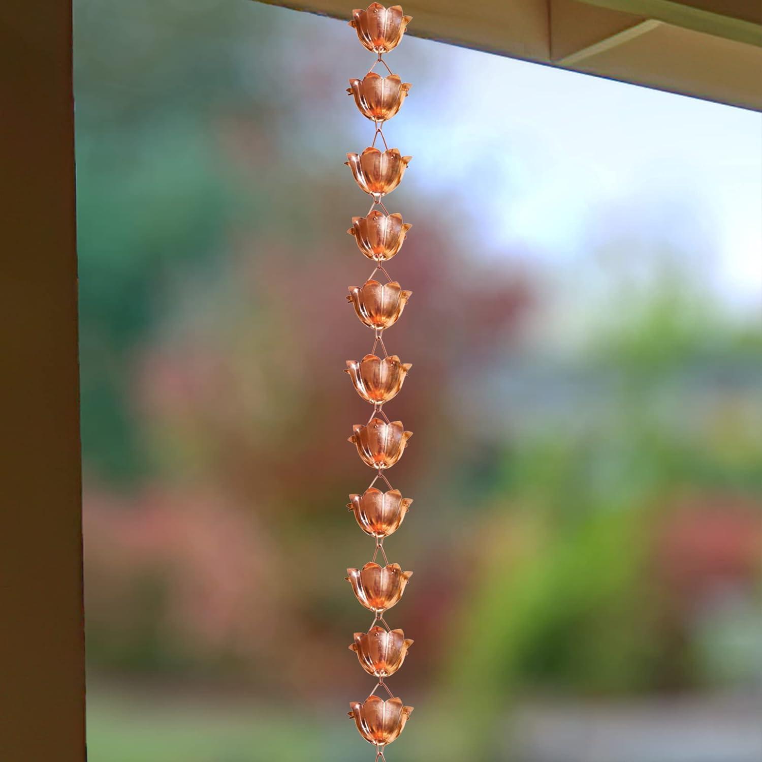 Pure Copper Lotus Cup Rain Chain Replacement Downspout for Gutters