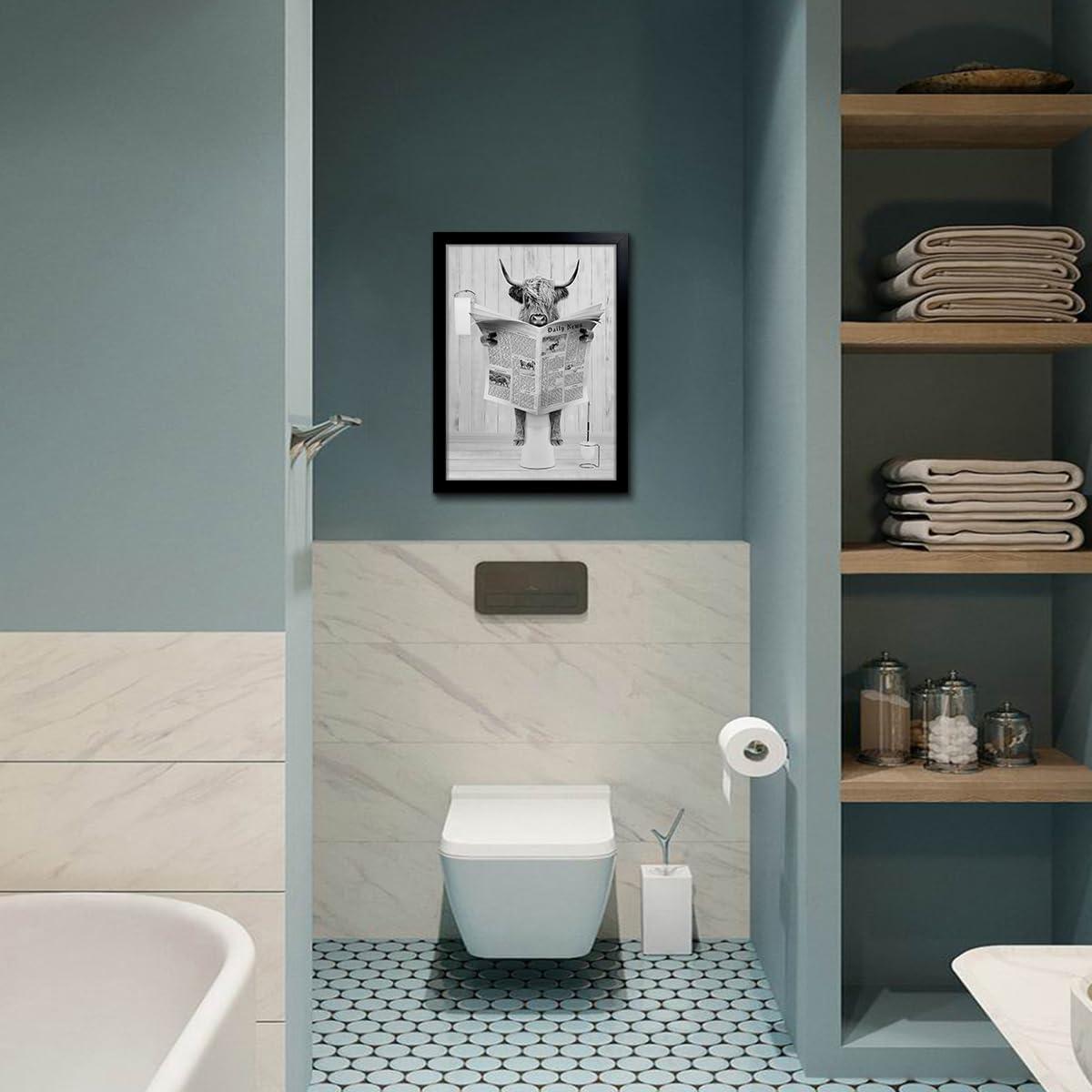 Modern Black Framed Highland Cow Wall Art Minimalist Bathroom Wall Decor Cute Funny Animals Artwork Canvas Prints Ready to Hang for Guest Bathroom, Hotel, Condo, Kids Bathroom, 12”x16”