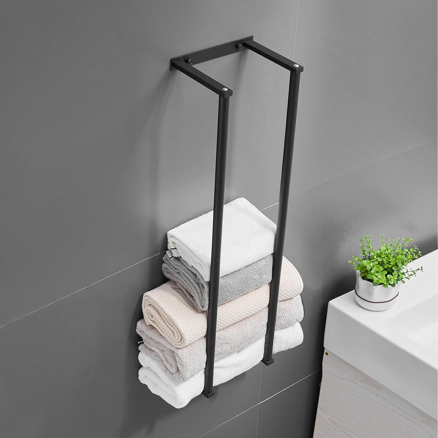 Towel Racks for Bathroom, NEWRAIN Rolled Towel Storage Wall Mounted Bath Towel Holder for Folded Large Towel Washcloths, Bathroom Organizing Matte Black