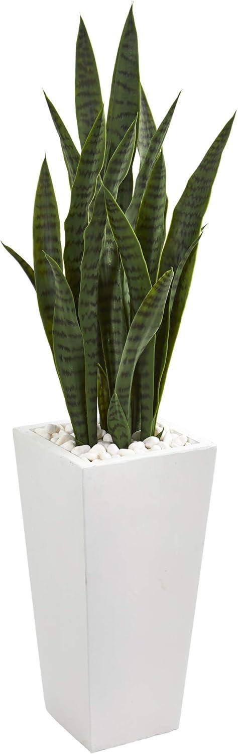 Nearly Natural 4' Plastic Sansevieria Artificial Plant in White Tower Planter, Green