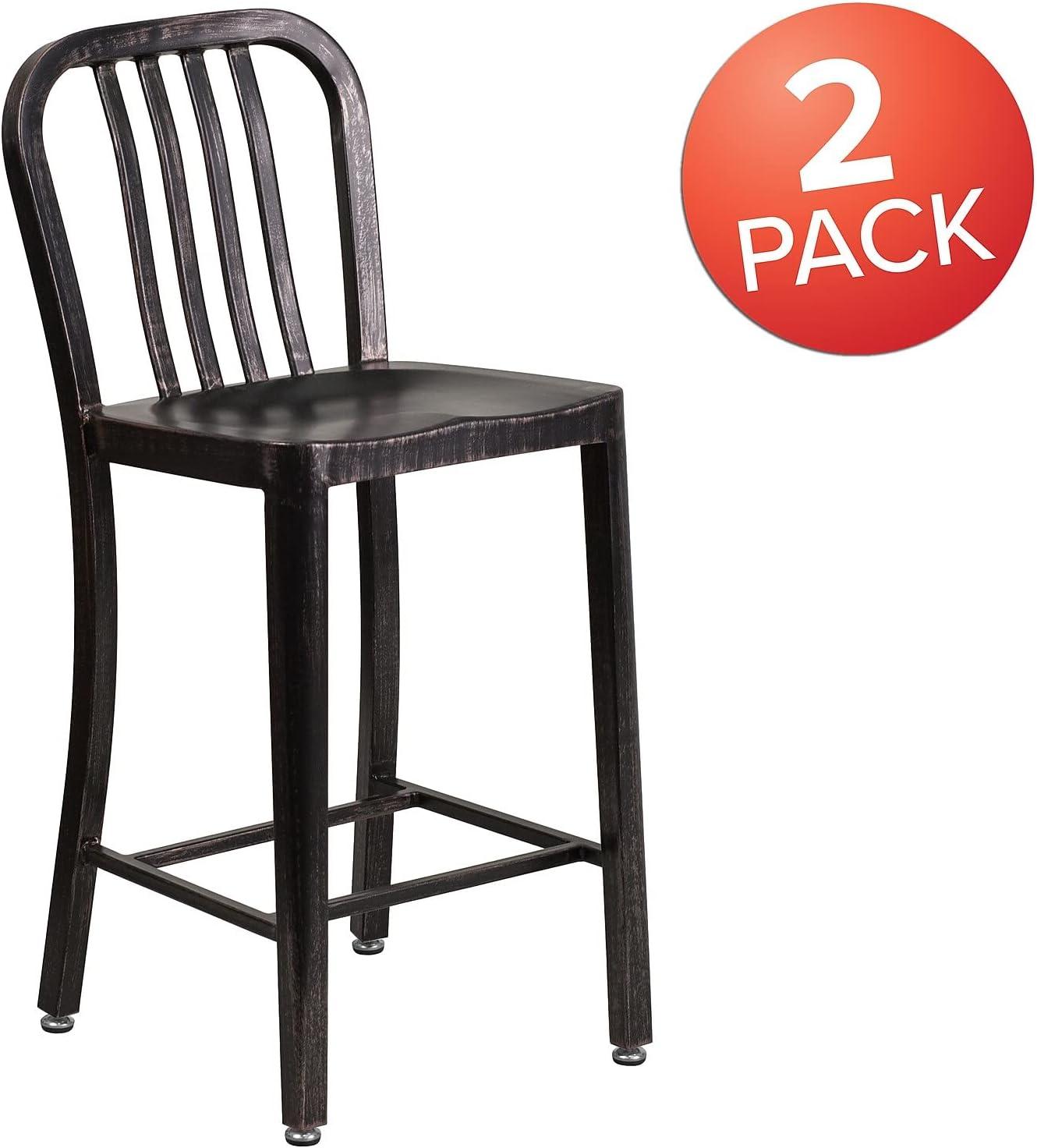 Flash Furniture Commercial Grade 24" High Black-Antique Gold Metal Indoor-Outdoor Counter Height Stool with Vertical Slat Back