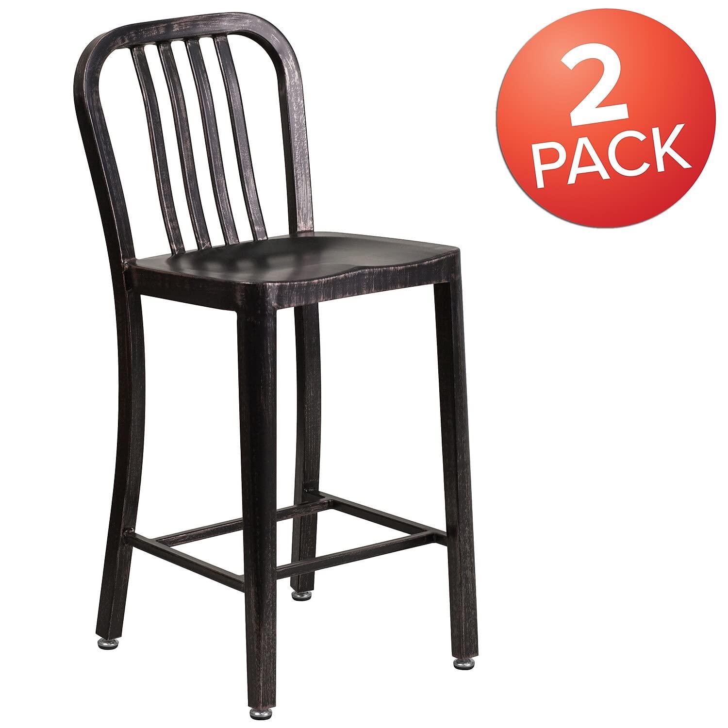 Flash Furniture Commercial Grade 24" High Black-Antique Gold Metal Indoor-Outdoor Counter Height Stool with Vertical Slat Back