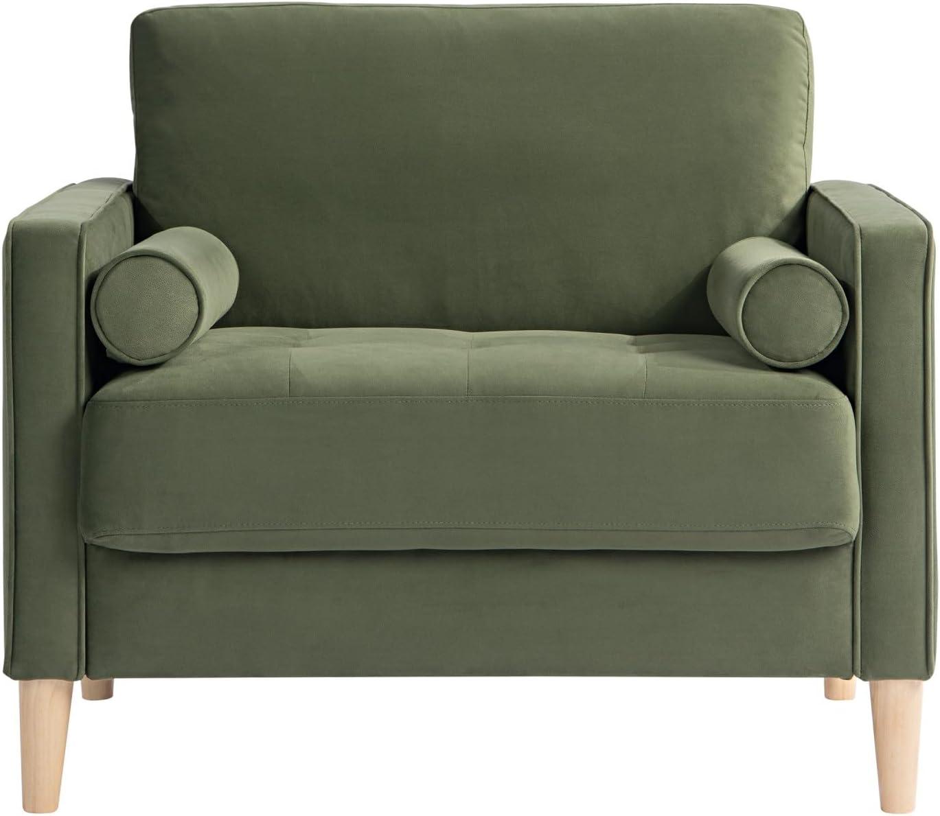 Olive Green Tufted Fabric Accent Chair with Wood Legs