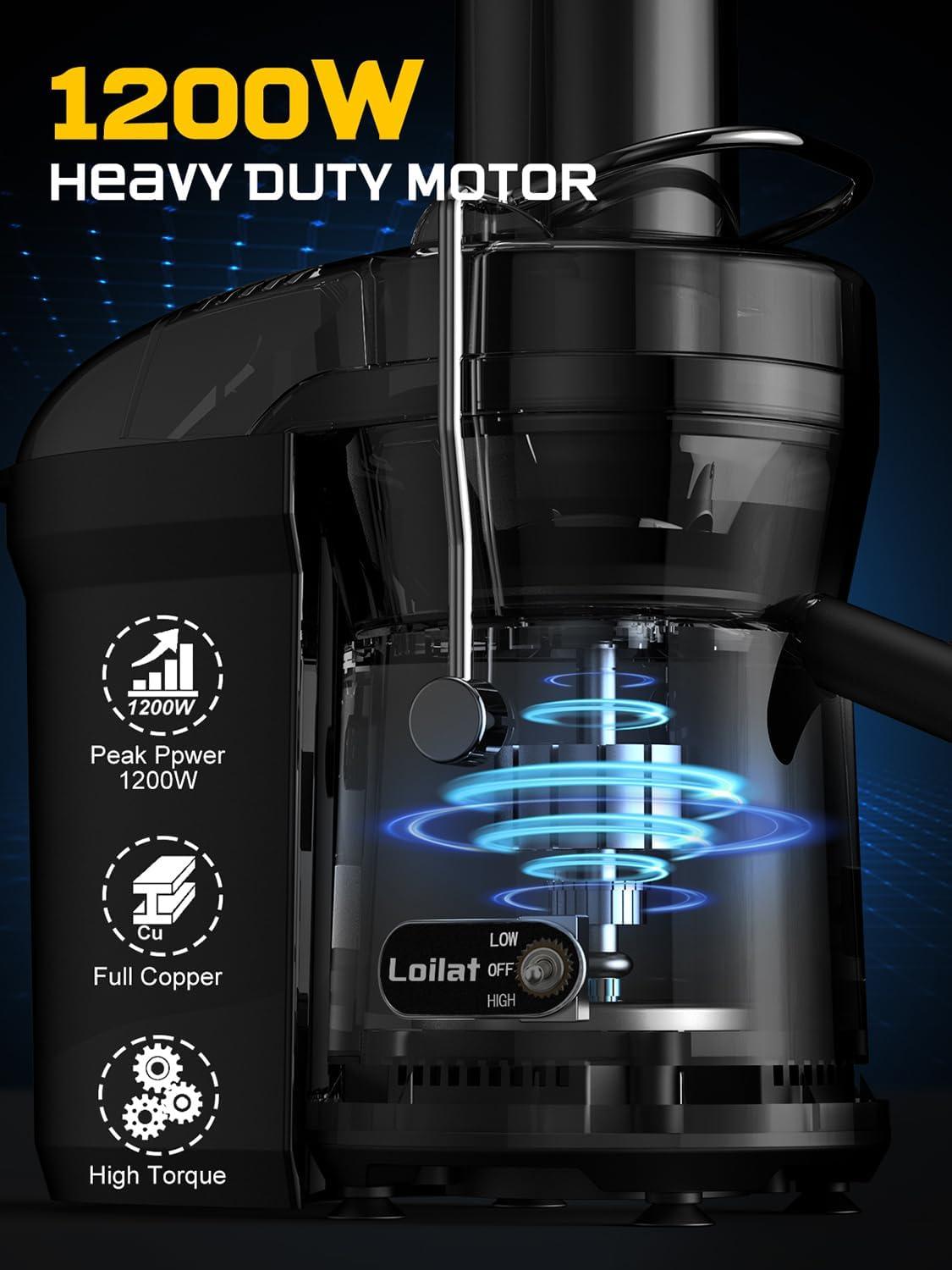 Juicer Machine, 1200W Juicer with 3" Feed Chute for Whole Fruits and Veg, Dual Speeds Centrifugal Juice Extractor, High Juice Yield, Full Copper Motor, Easy to Clean, BPA Free, JE2106