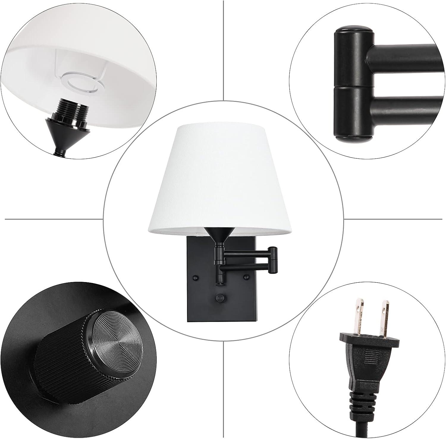 Black Metal Swing Arm Wall Sconce with White Fabric Shade