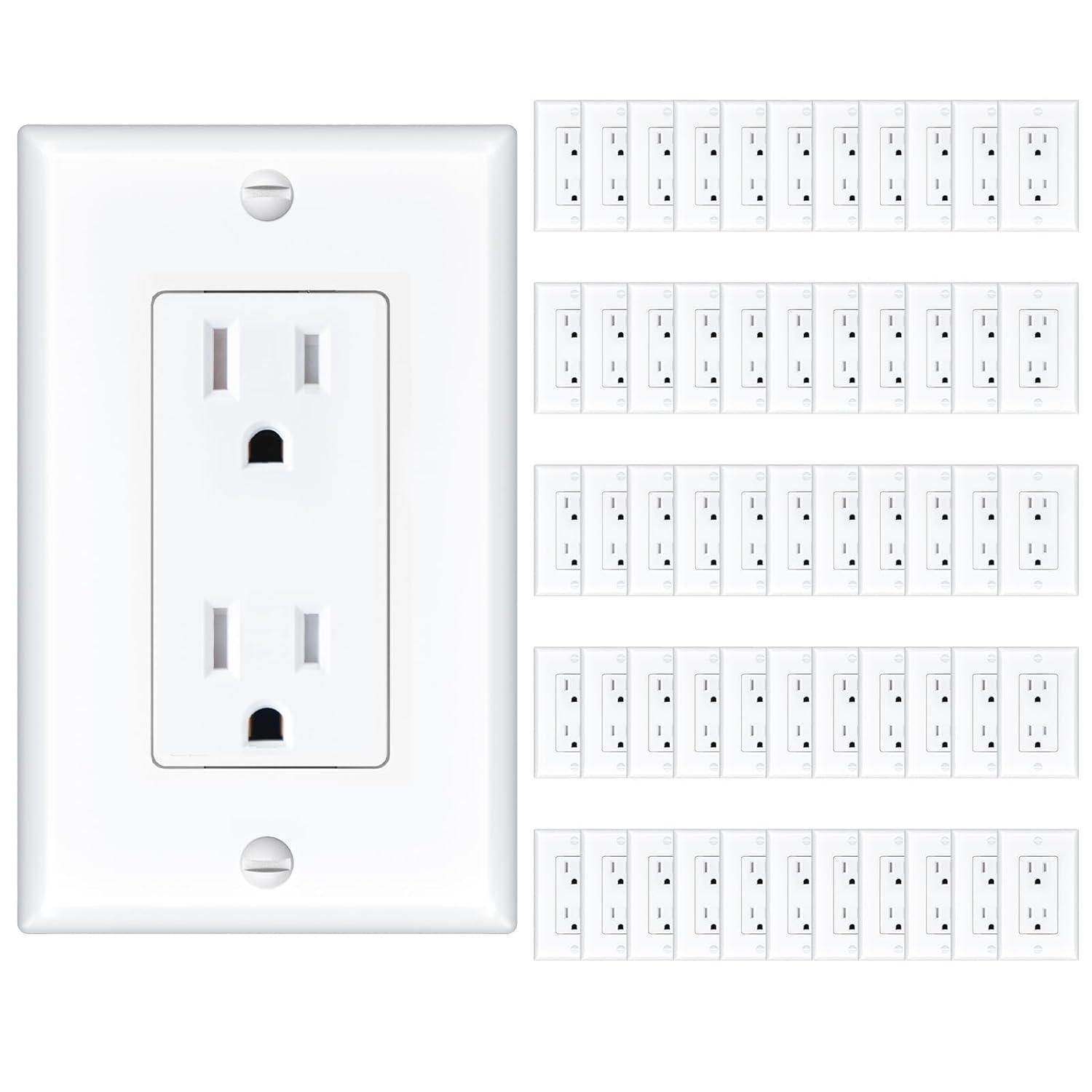 Amico 50 Pack Wall Outlet, 15 Amp Outlets, UL Listed, Tamper Resistant Standard Electrical Outlet, Decorator Receptacle with Wall Plate, Suitable for Home and Business, 125V/1875W, White