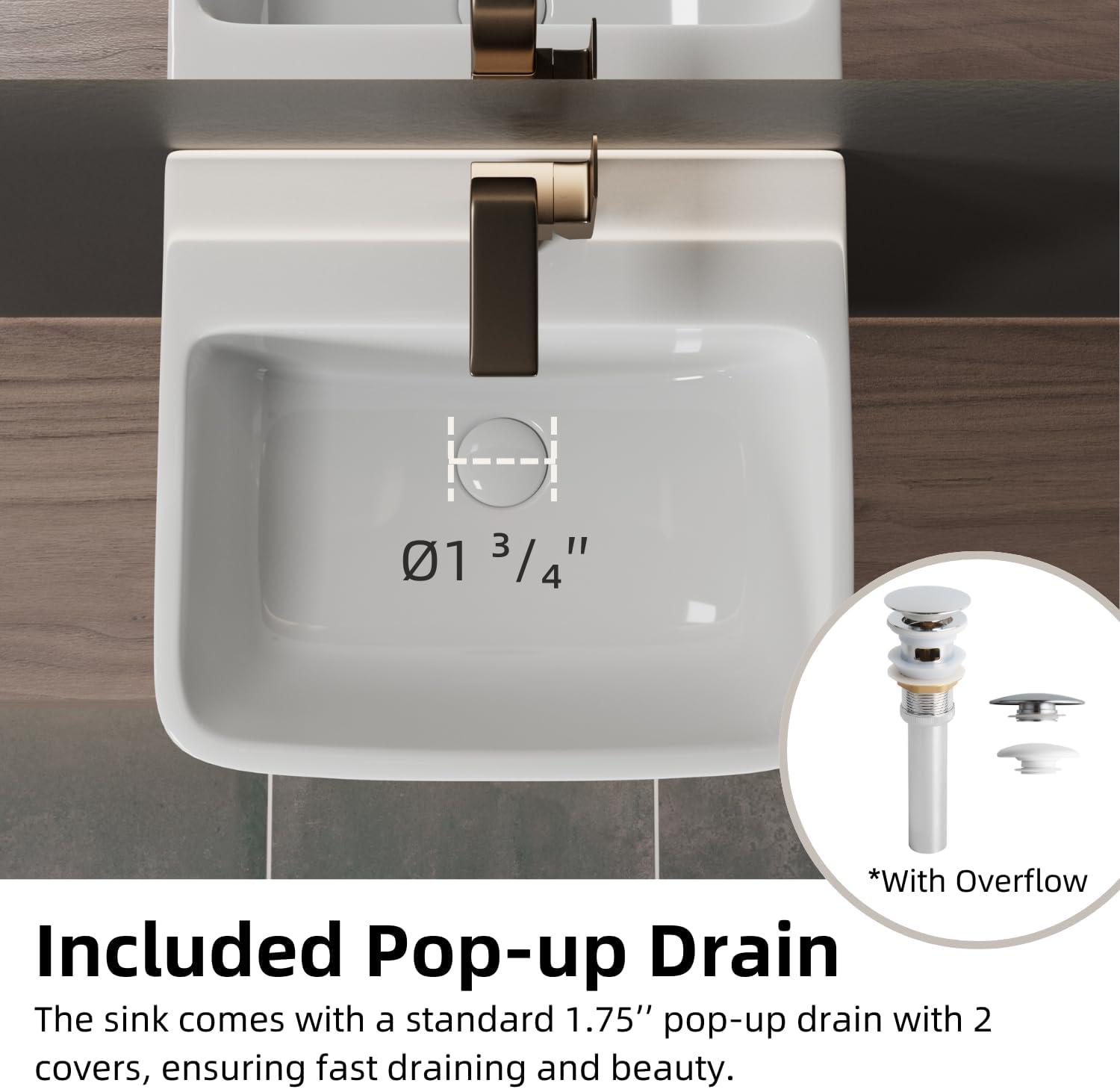 Los Flexi Wall Mount Sink with Overflow, Modern Floating Bathroom Vessel Sink, Single Faucet Hole, Pop-up Drain Included