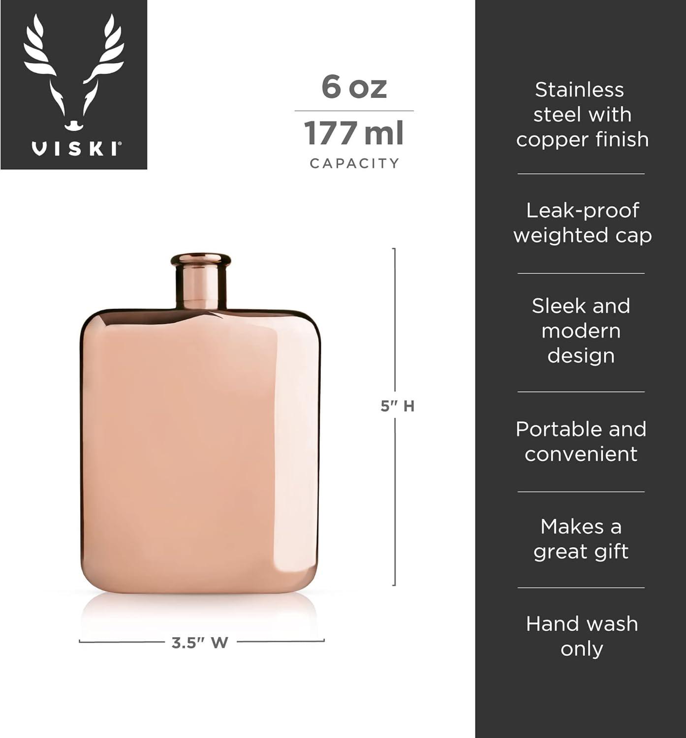 Viski Copper Flask, Stainless Steel Flask with Screw Top, Copper Plated Liquor Flask for Women and Men, 6 Ounces, Copper, Set of 1
