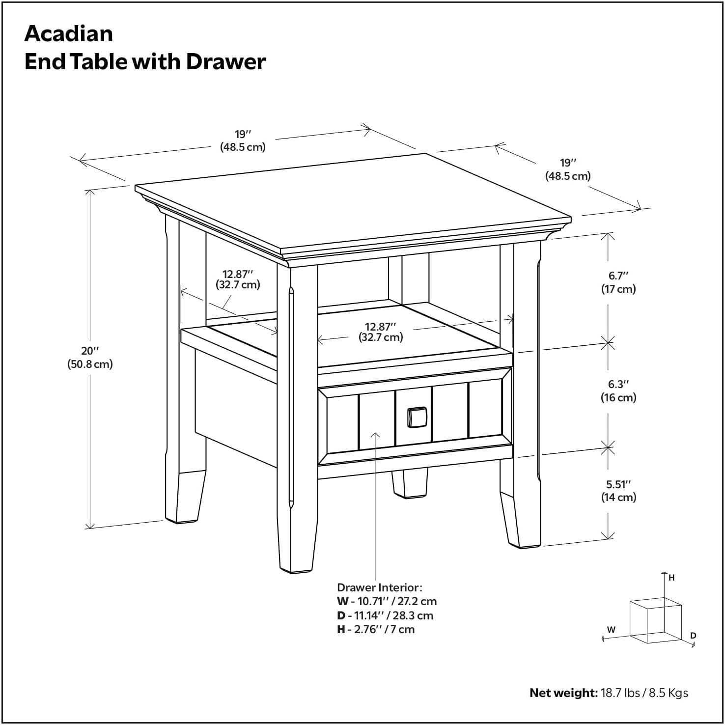 Simpli Home Acadian Solid Wood Transitional End Table with Drawer and Open Shelf