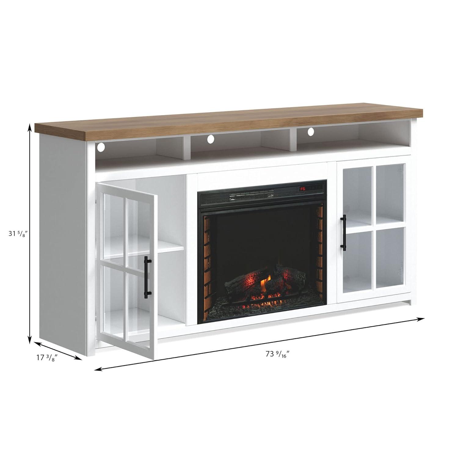 Hampton 74" White Wood TV Stand with Fireplace