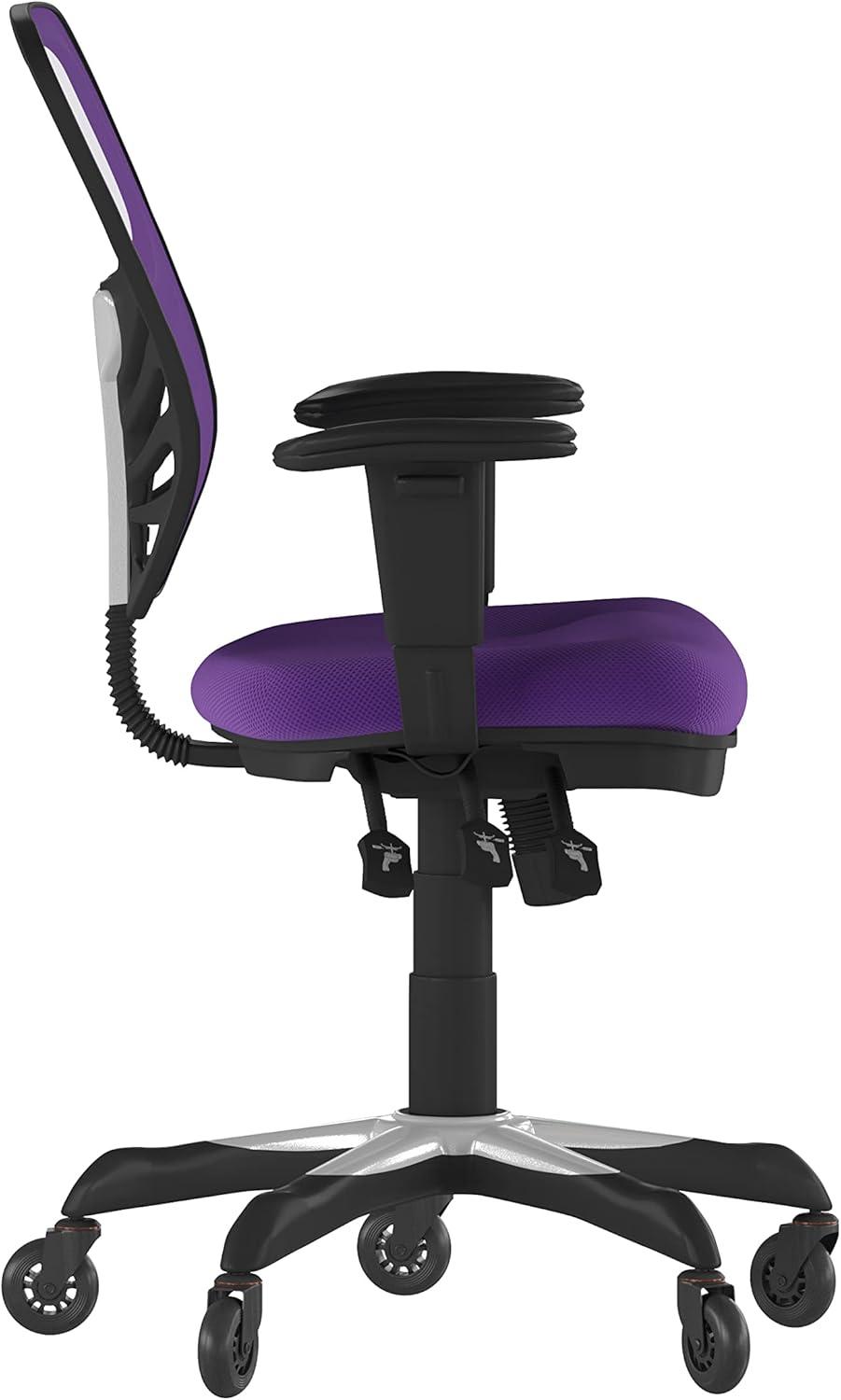 Flash Furniture Nicholas Mid-Back Purple Mesh Multifunction Executive Swivel Ergonomic Office Chair with Adjustable Arms and Transparent Roller Wheels