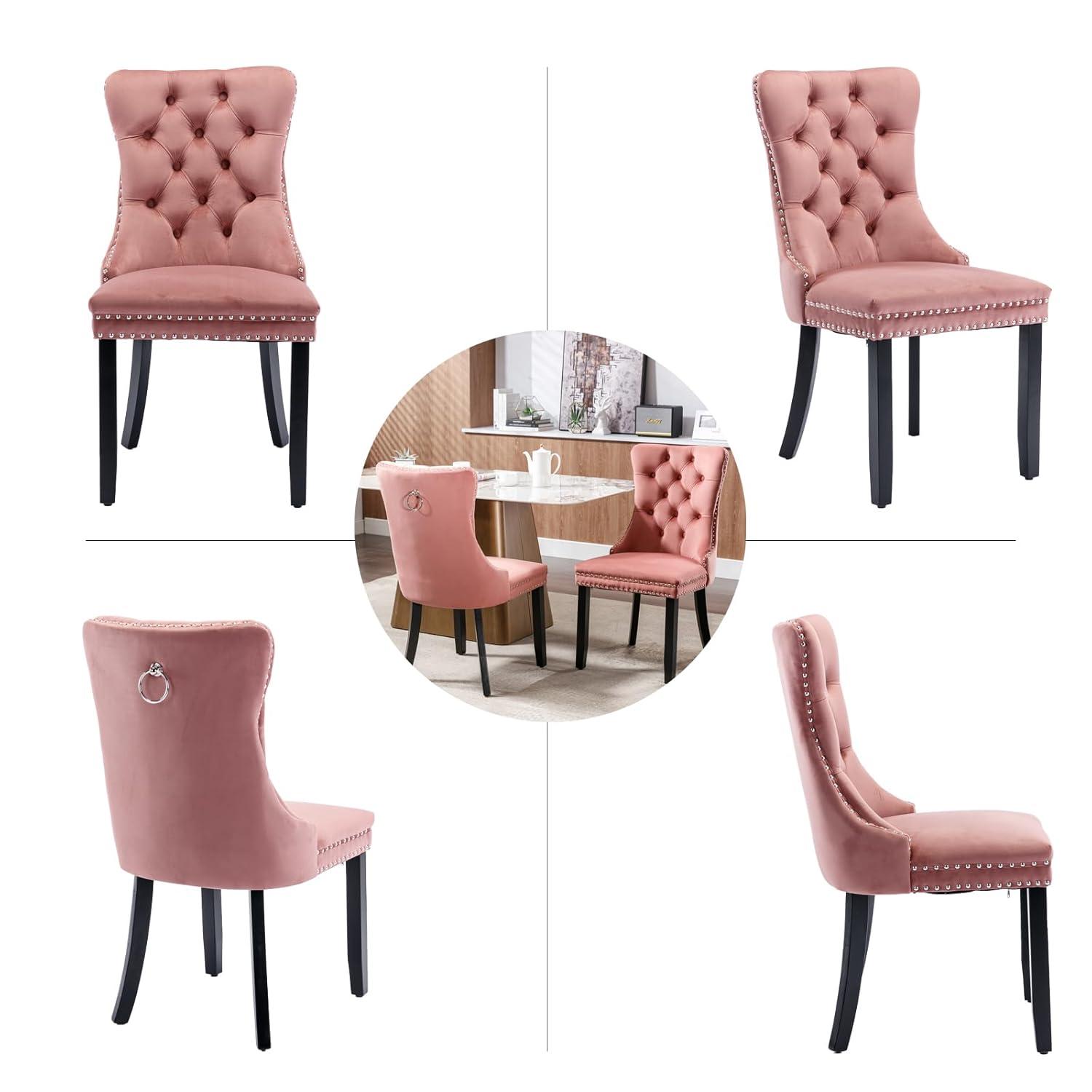 Pink Velvet Dining Chairs Set of 2, Upholstered Dining Room Chairs with Back Ring Pull Trim and Solid Wood Legs, Tufted Wingback Kitchen Chairs for Dining Room,Living Room,Kitchen(Pink)