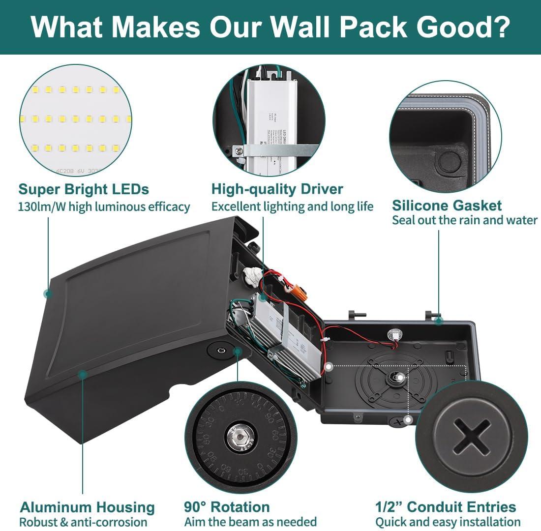 30W LED Wall Pack Light with Dusk-to-Dawn Photocell, Adjustable Head Waterproof Outdoor Lighting Fixture, 150-250W HPS/HID Replacement 5000K 3600lm